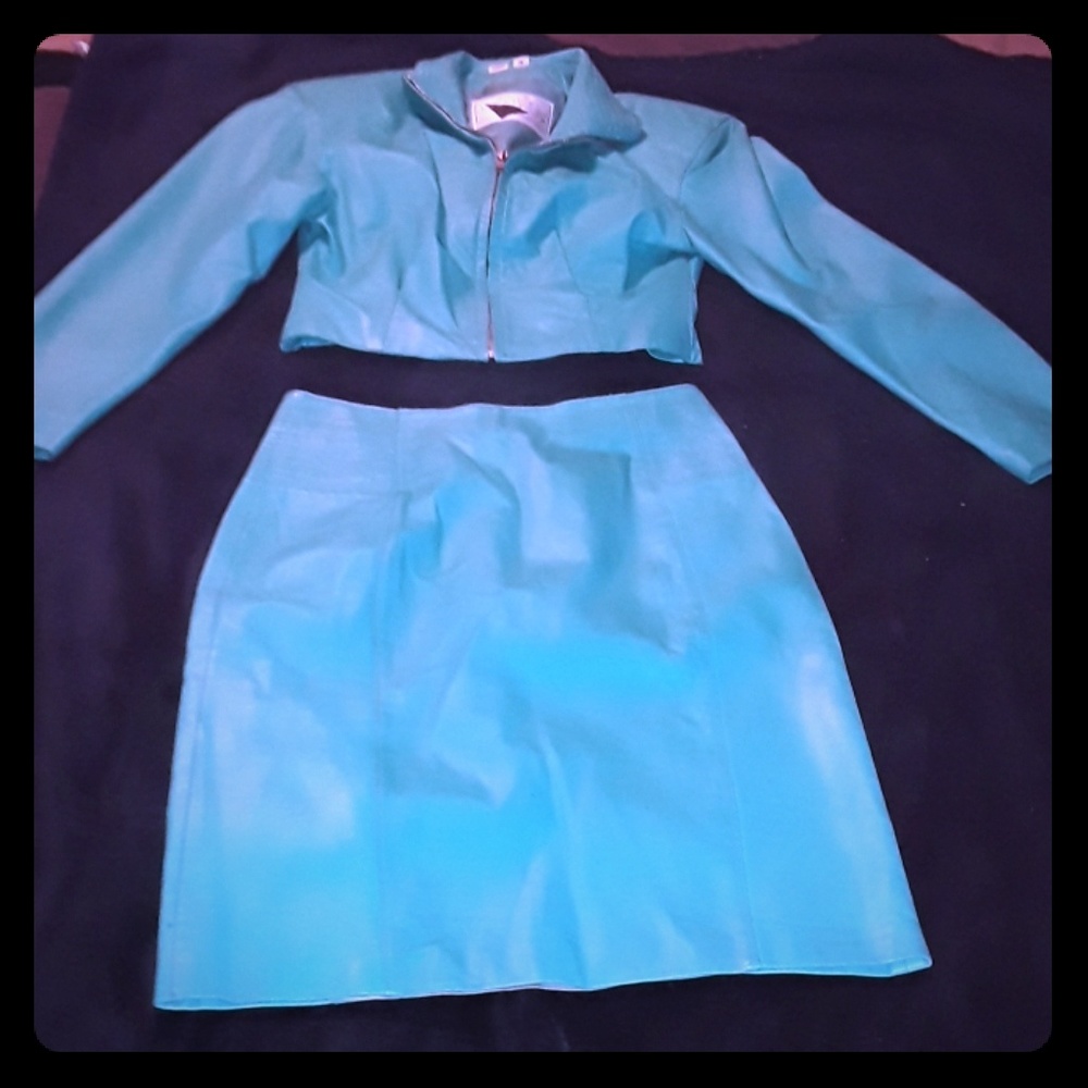 Sexy teal crop 100%leather jacket&skirt set